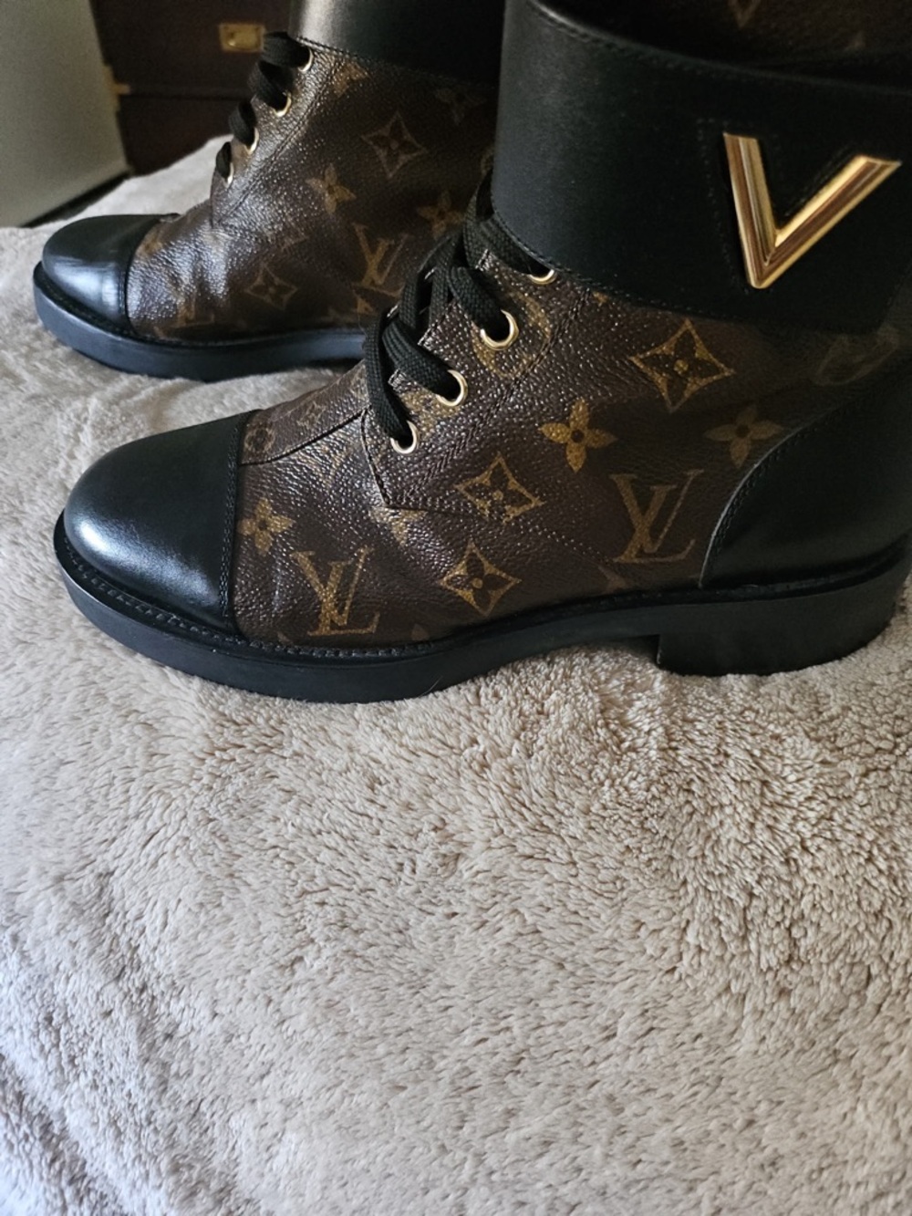 Louis Vuitton Brown Monogram & Black Leather Lace-Up Ankle Boots - Picture 3 of 6